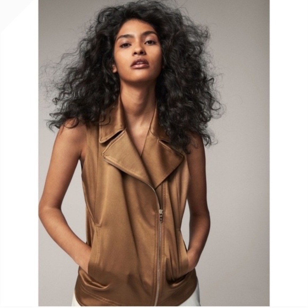 Massimo Dutti Satin Moto Vest Women Medium Bronze Asymmetric Zip Y2K Utility
